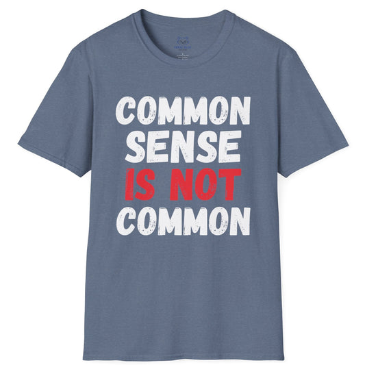 Blue t-shirt with white and red 'COMMON SENSE IS NOT COMMON' text.