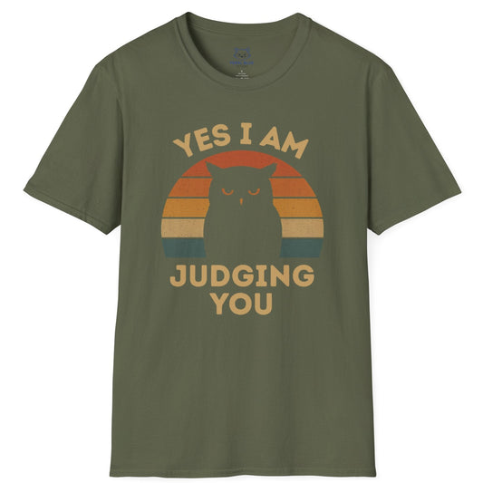 Green t-shirt with Owl sunset graphic and the text 'Yes I Am Judging You'