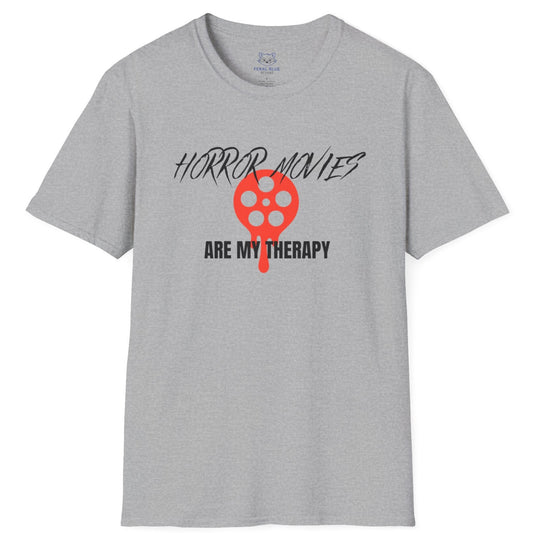 Gray t-shirt with 'horror movies are my therapy' black text and red, dripping film reel graphic.