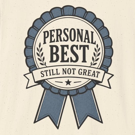 An off-white short-sleeve crewneck t-shirt featuring a blue and gray graphic badge on the front with the text 'PERSONAL BEST STILL NOT GREAT'.