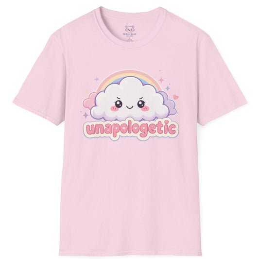 Pink t-shirt with a cloud and rainbow graphic and 'unapologetic' text on a white background