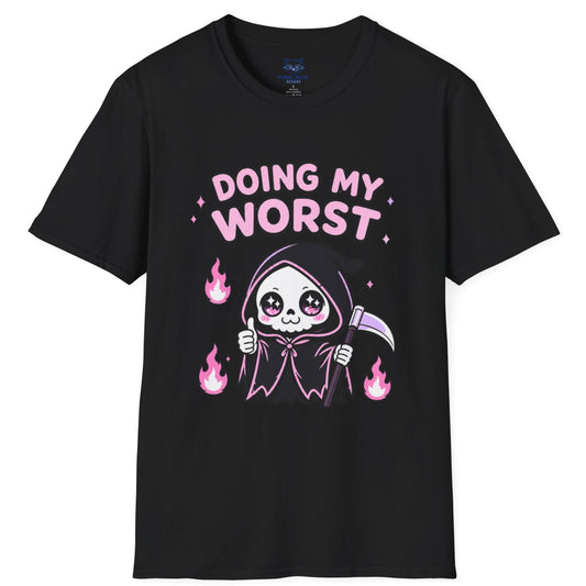 Black t-shirt with a cartoon grim reaper design and 'Doing My Worst' text on a white background