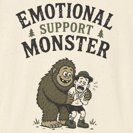 Beige t-shirt with 'Emotional Support Monster' graphic