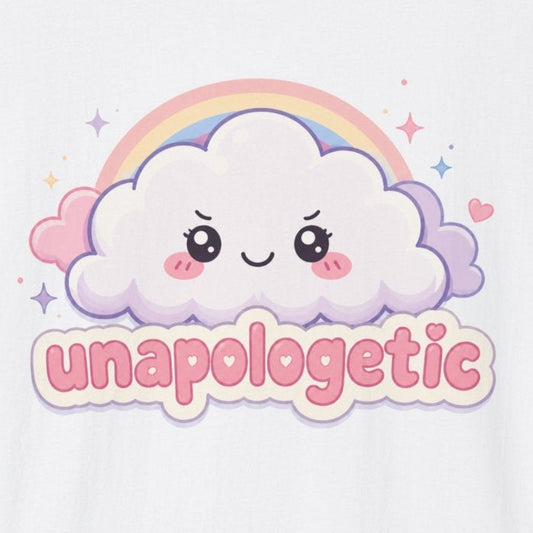 White t-shirt with a cloud and rainbow graphic and 'unapologetic' text on a white background