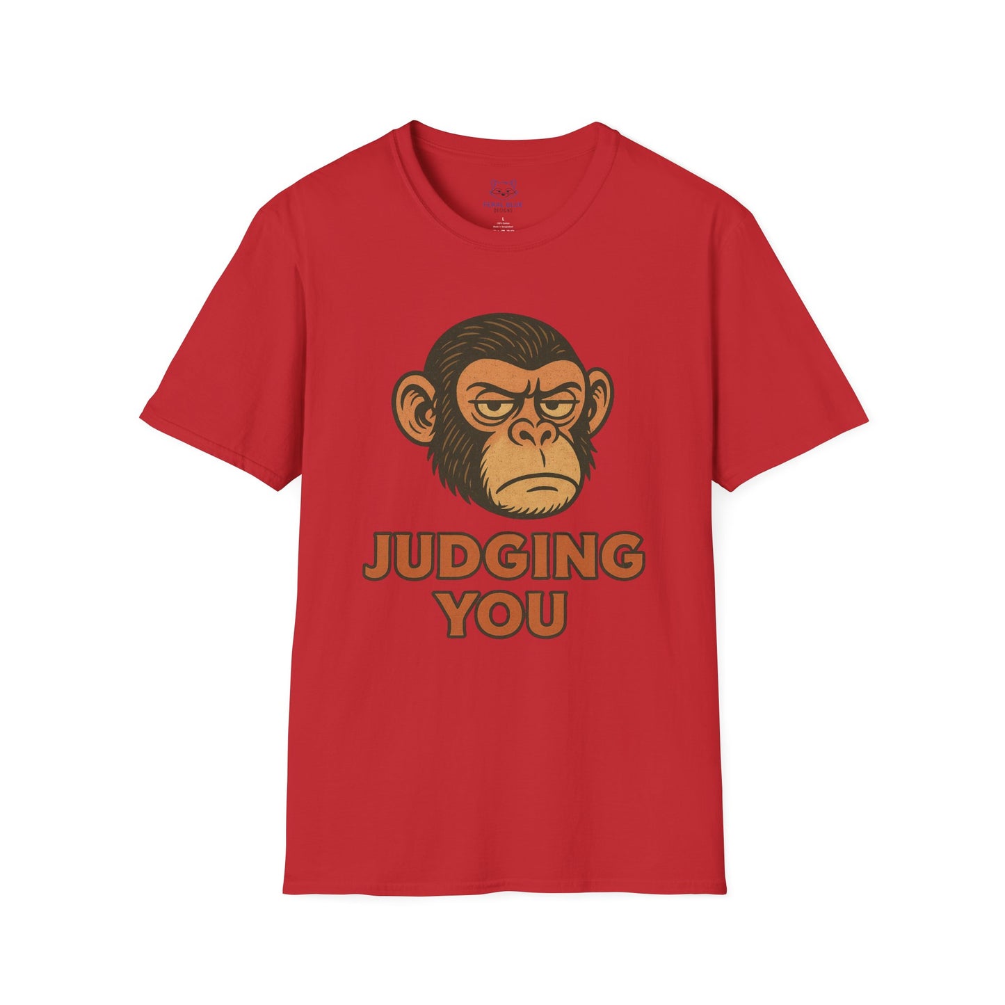 Red t-shirt with a chimp graphic and 'Judging You' text.