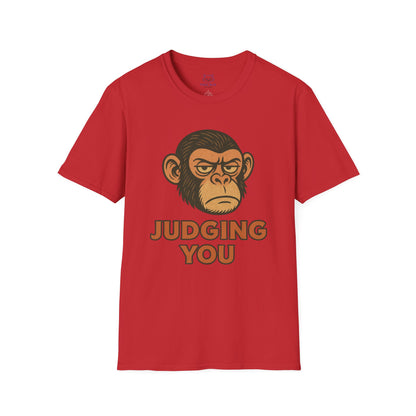 Red t-shirt with a chimp graphic and 'Judging You' text.