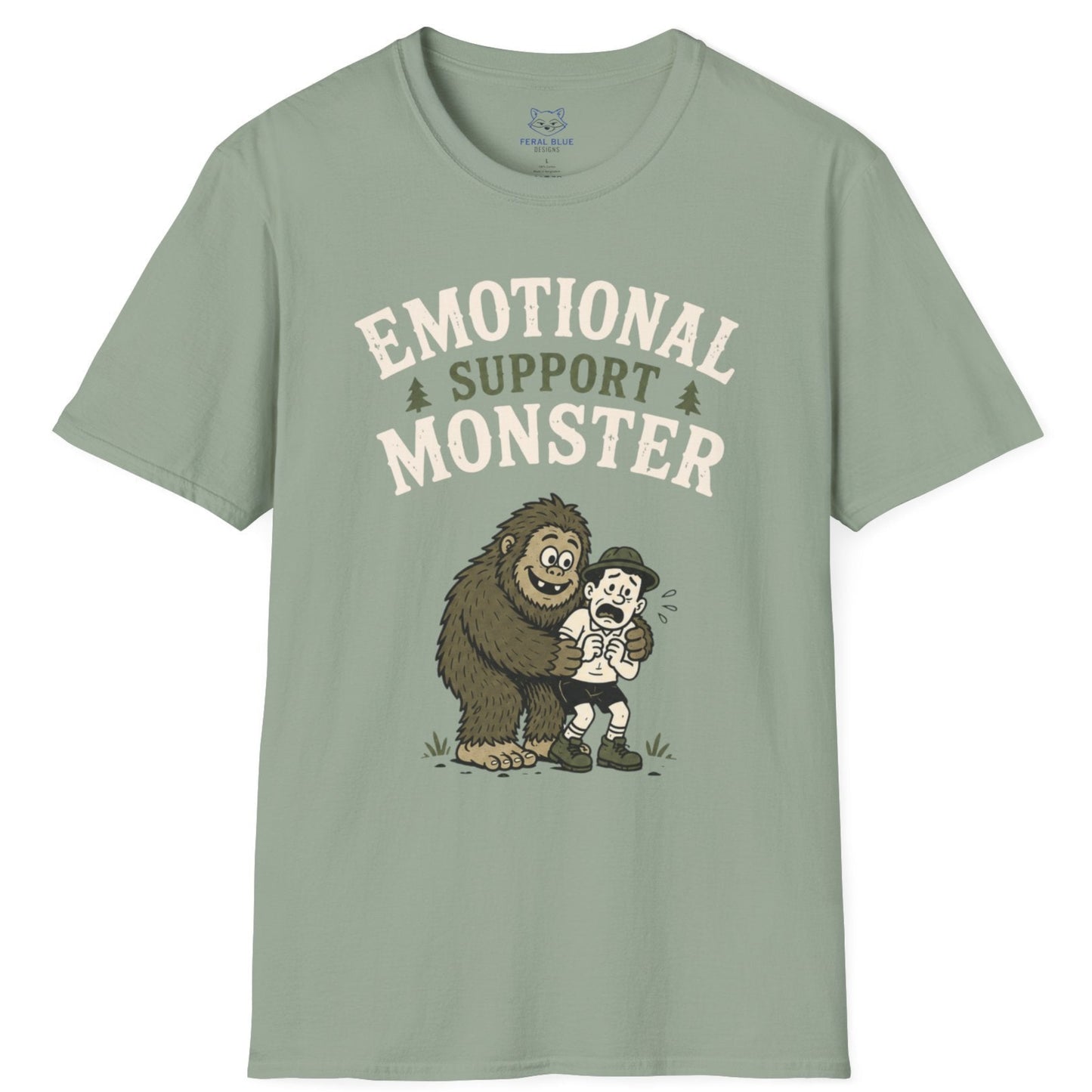 Sage green t-shirt with 'Emotional Support Monster' graphic on a white background
