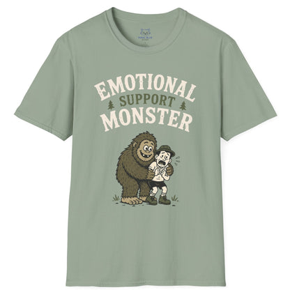 Sage green t-shirt with 'Emotional Support Monster' graphic on a white background