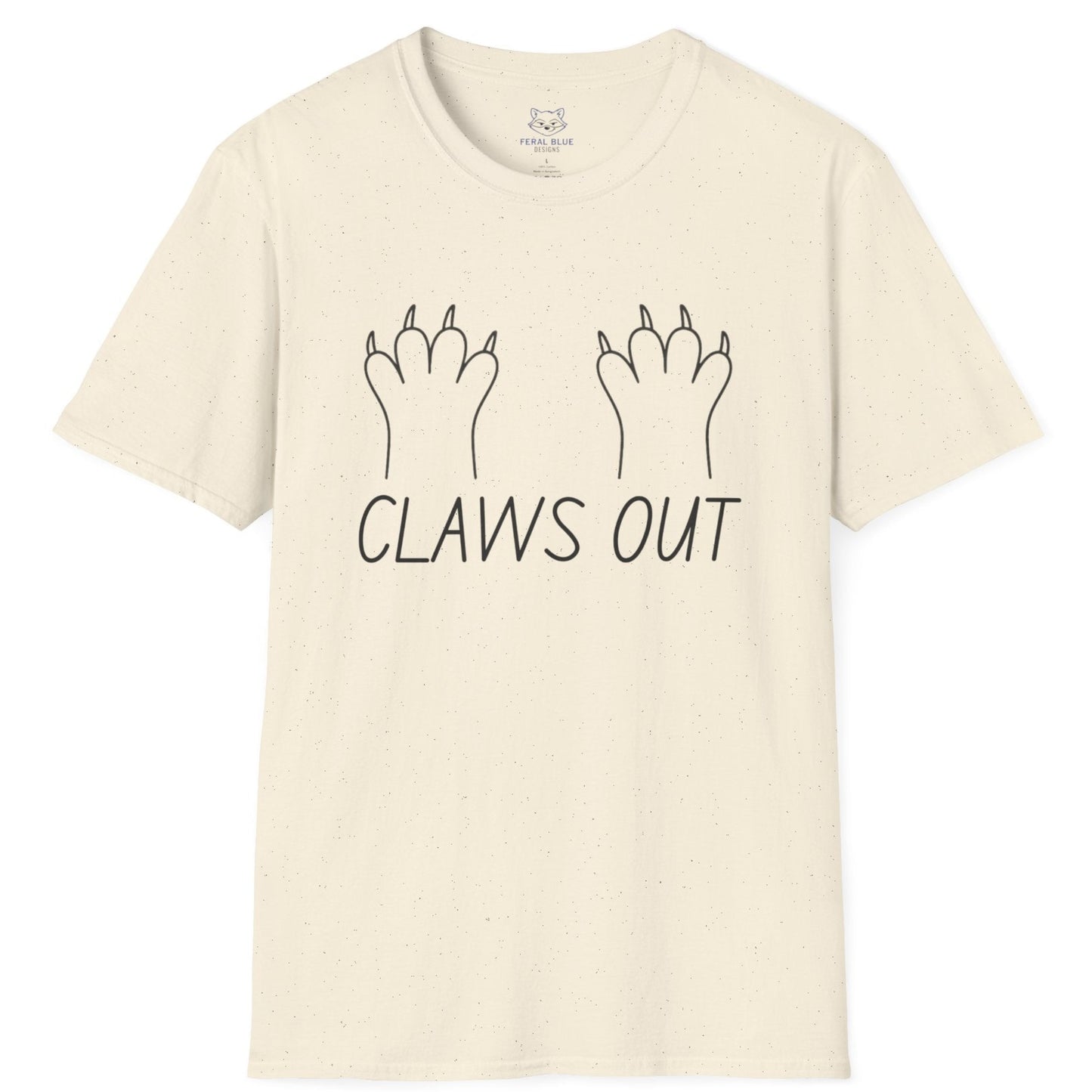 Cream t-shirt with black text "Claws out" and black line graphic of animal paws.