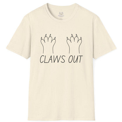 Cream t-shirt with black text "Claws out" and black line graphic of animal paws.