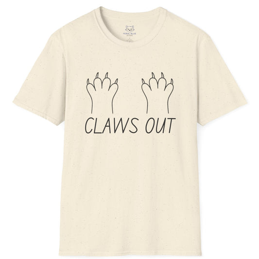 Cream t-shirt with black text "Claws out" and black line graphic of animal paws.