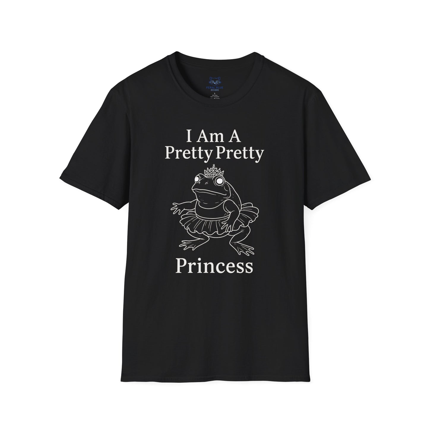 A black t-shirt with " I am a pretty pretty princess" white text and a white line drawing of a ballerina princess bullfrog. Princess frog wearing a tutu and tiara.