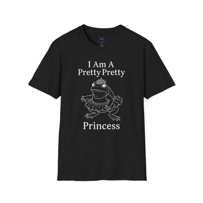 A black t-shirt with " I am a pretty pretty princess" white text and a white line drawing of a ballerina princess bullfrog. Princess frog wearing a tutu and tiara.