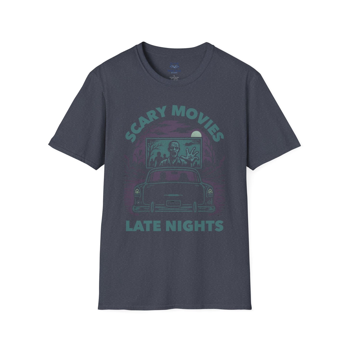 Faded navy t-shirt with a muted teal and purple spooky drive-in graphic and "Scary Movies, Late Night" text.