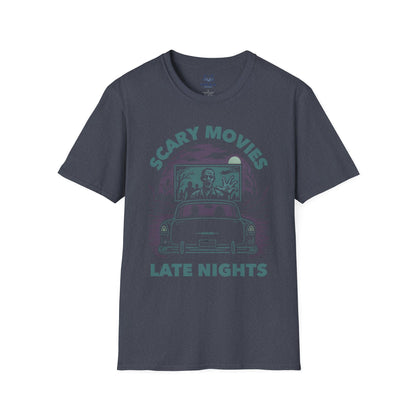 Faded navy t-shirt with a muted teal and purple spooky drive-in graphic and "Scary Movies, Late Night" text.