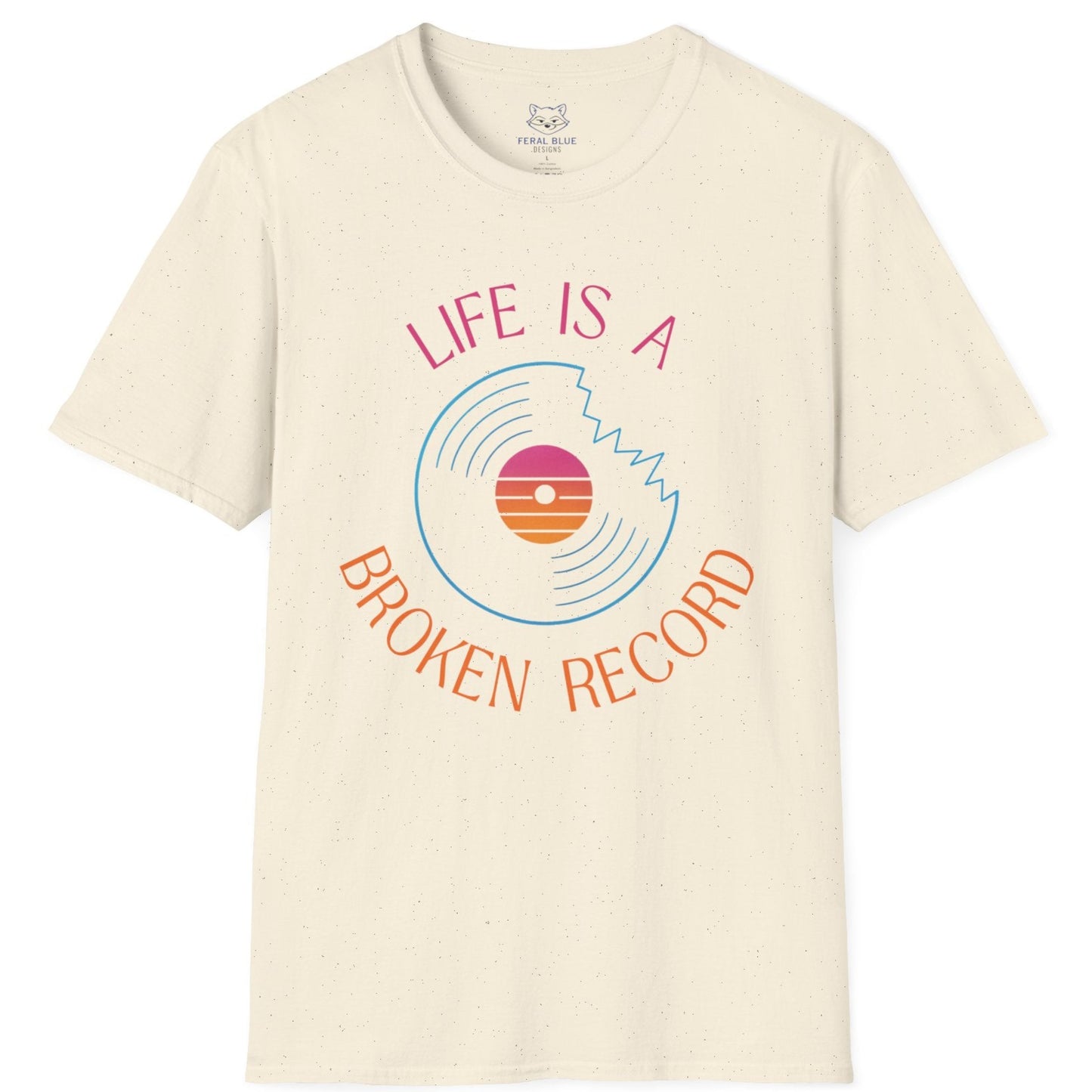 Beige t-shirt with 'Life is a Broken Record' graphic design on a white background