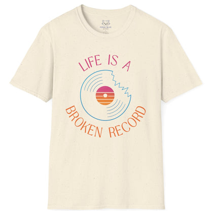 Beige t-shirt with 'Life is a Broken Record' graphic design on a white background