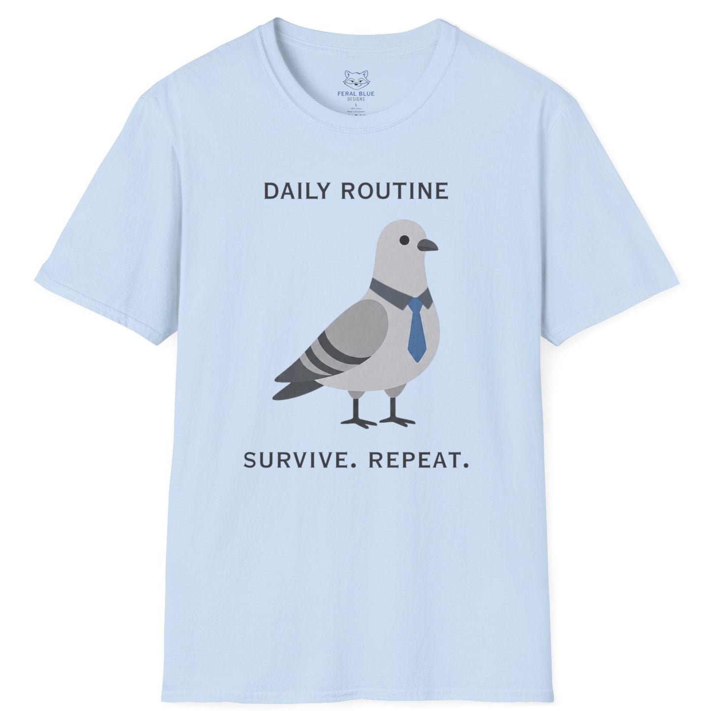 Light blue t-shirt with a pigeon graphic and text on a white background