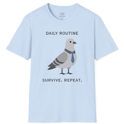 Light blue t-shirt with a pigeon graphic and text on a white background