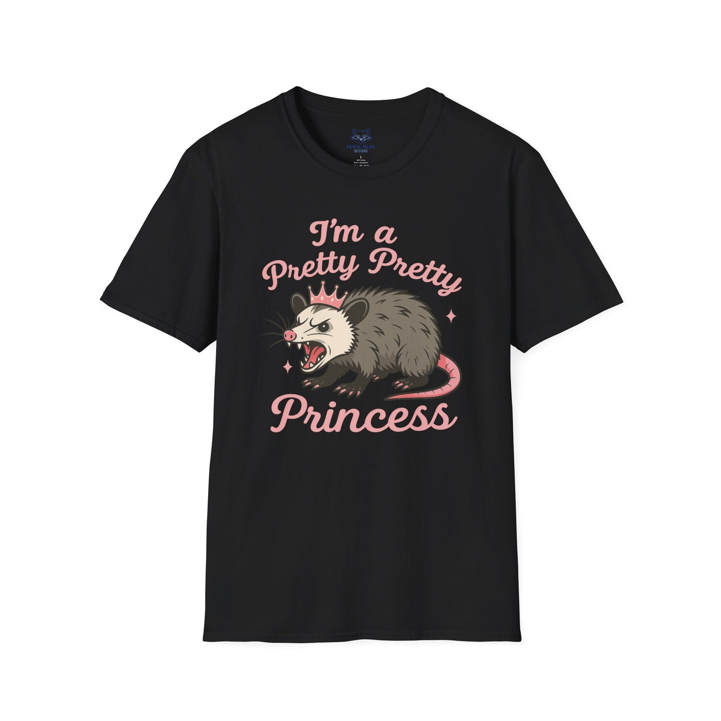 Black t-shirt with an angry opossum wearing a tiara graphic and 'I'm a pretty pretty princess' pink text.