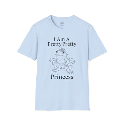 A light blue t-shirt with " I am a pretty pretty princess" black text and a black line drawing of a ballerina princess bullfrog. Princess frog wearing a tutu and tiara.