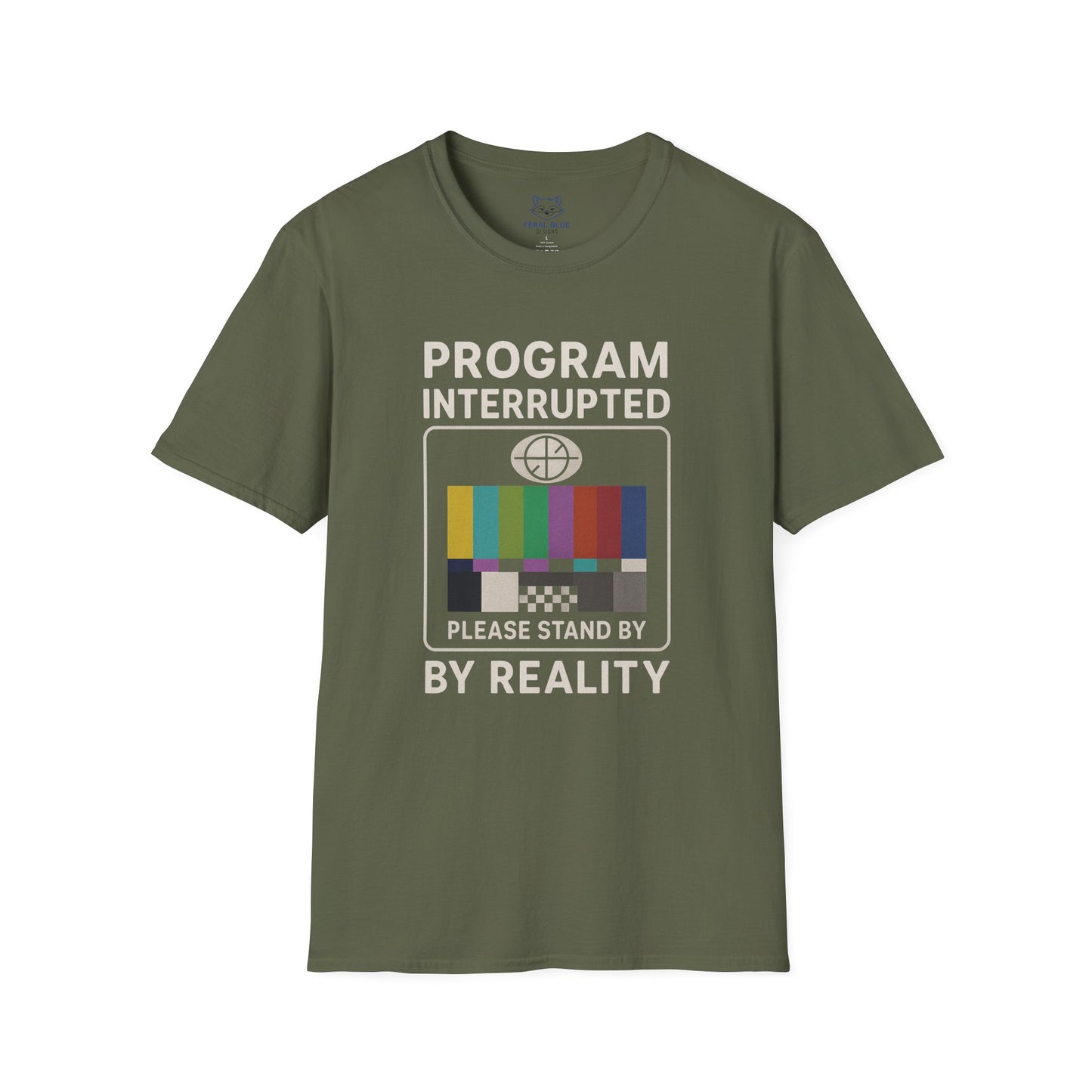 Green t-shirt with 'Program Interrupted' graphic design on a white background