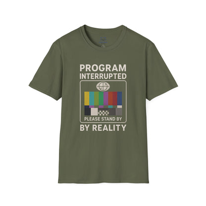 Green t-shirt with 'Program Interrupted' graphic design on a white background