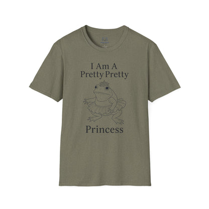 A dark green t-shirt with " I am a pretty pretty princess" black text and a black line drawing of a ballerina princess bullfrog. Princess frog wearing a tutu and tiara.
