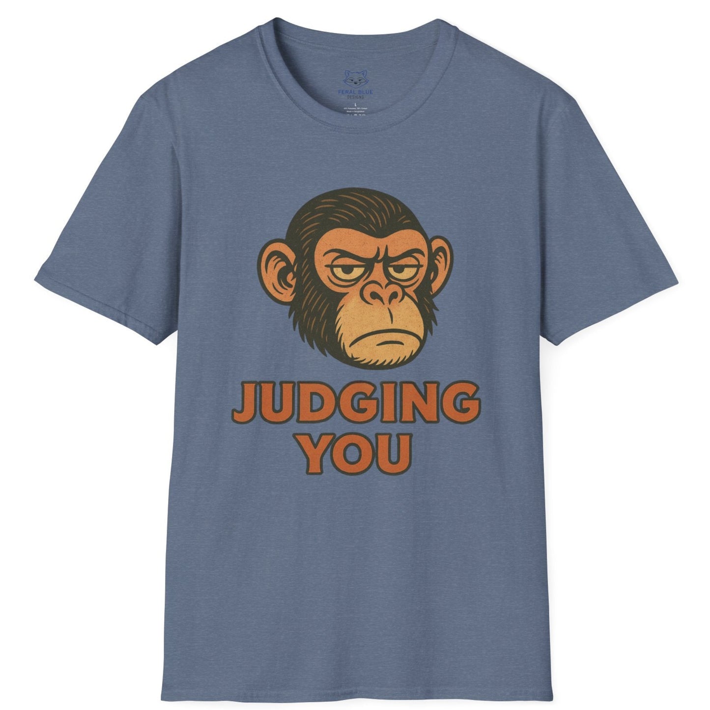Blue t-shirt with a chimp graphic and 'Judging You' text.