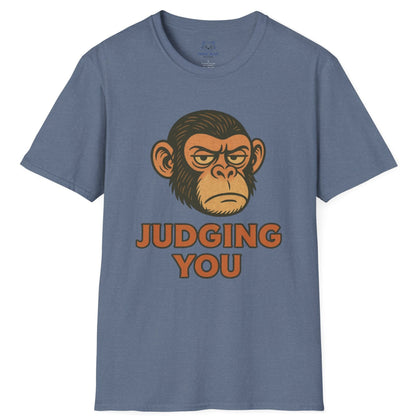 Blue t-shirt with a chimp graphic and 'Judging You' text.