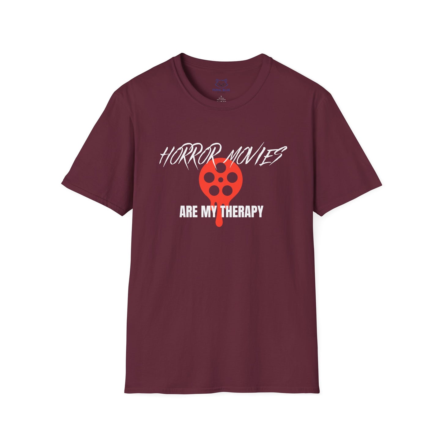 Maroon t-shirt with 'horror movies are my therapy' white text and red, dripping film reel graphic.