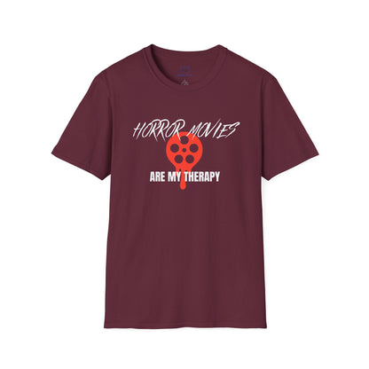 Maroon t-shirt with 'horror movies are my therapy' white text and red, dripping film reel graphic.