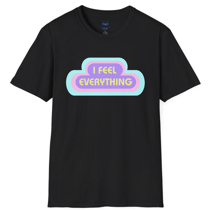 Black t-shirt with 'I Feel Everything' text and pastel rings radiating from the text.