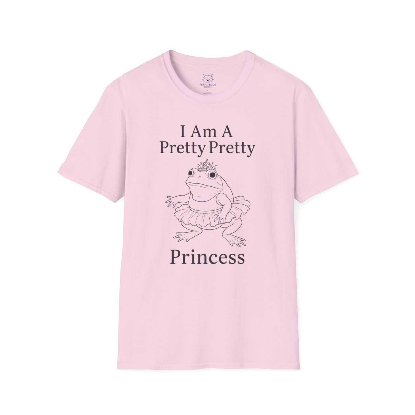 A light pink t-shirt with "I am a pretty pretty princess" black text and a black line drawing of a ballerina princess bullfrog. Princess frog wearing a tutu and tiara.