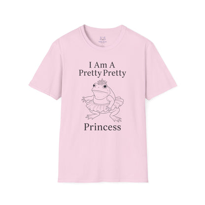 A light pink t-shirt with "I am a pretty pretty princess" black text and a black line drawing of a ballerina princess bullfrog. Princess frog wearing a tutu and tiara.