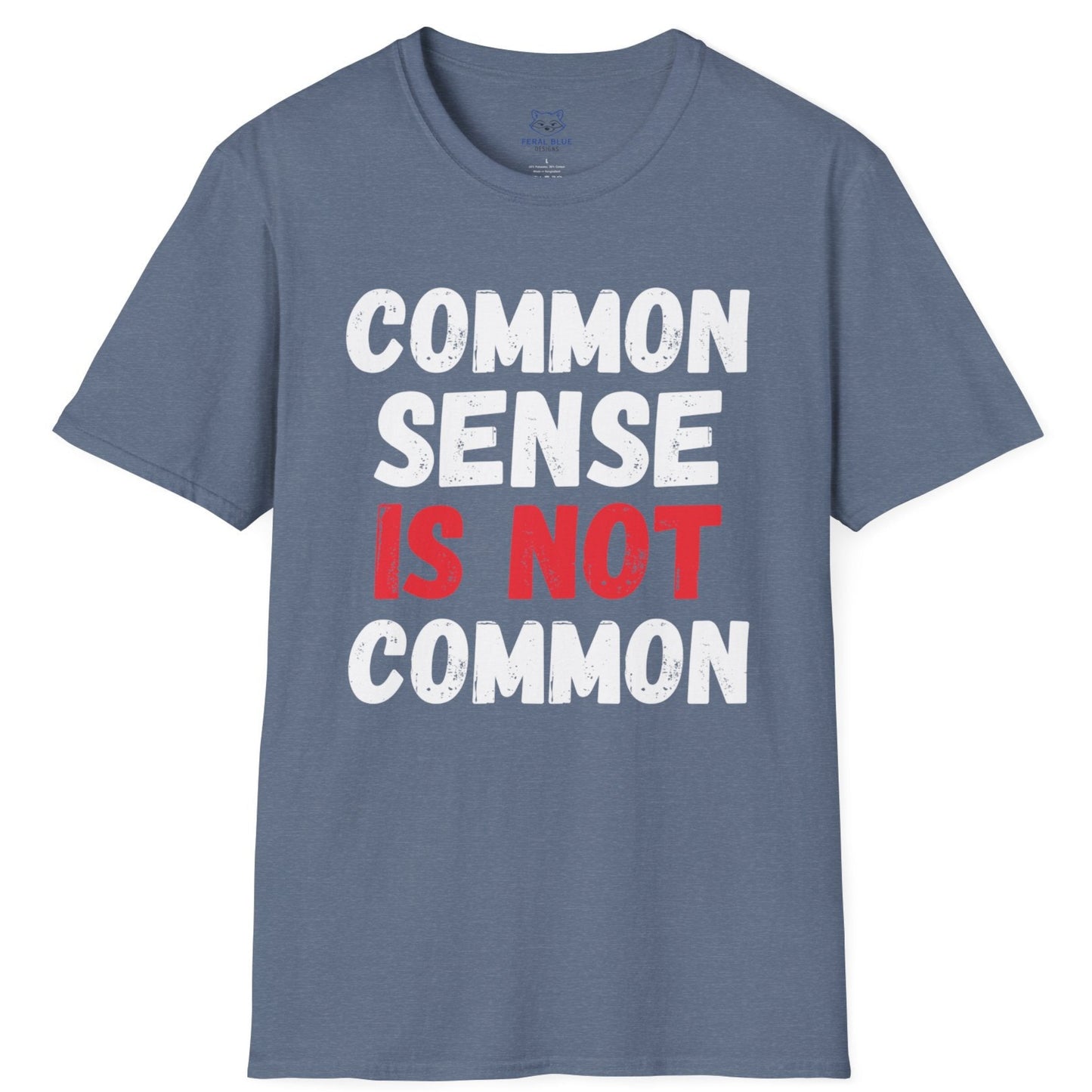 Blue t-shirt with white and red  'COMMON SENSE IS NOT COMMON' text.