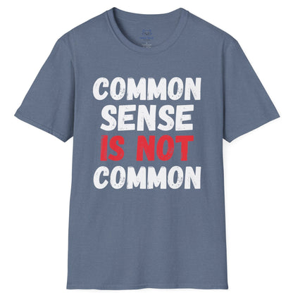 Blue t-shirt with white and red  'COMMON SENSE IS NOT COMMON' text.