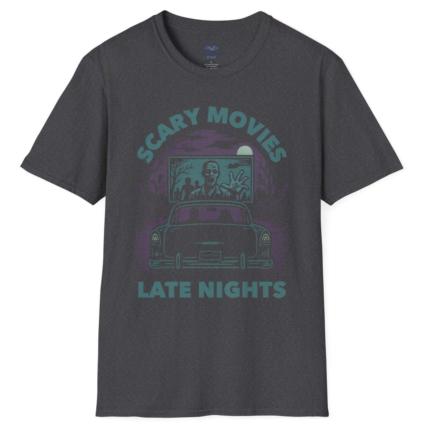 Faded grey t-shirt with a muted teal and purple spooky drive-in graphic and "Scary Movies, Late Night" text.