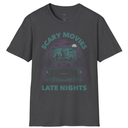 Faded grey t-shirt with a muted teal and purple spooky drive-in graphic and "Scary Movies, Late Night" text.