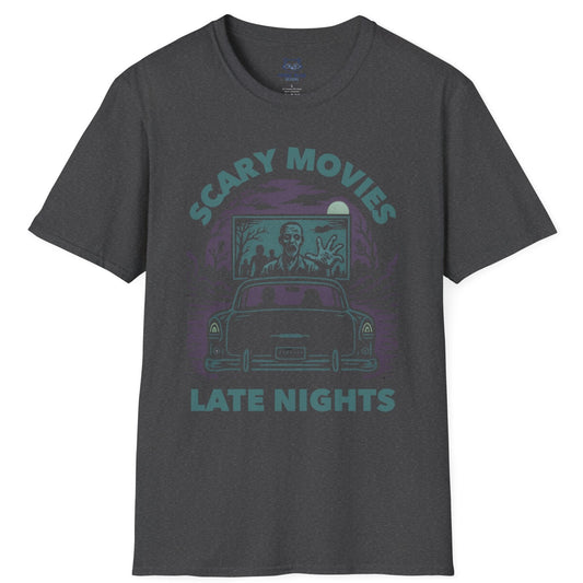 Faded grey t-shirt with a muted teal and purple spooky drive-in graphic and "Scary Movies, Late Night" text.