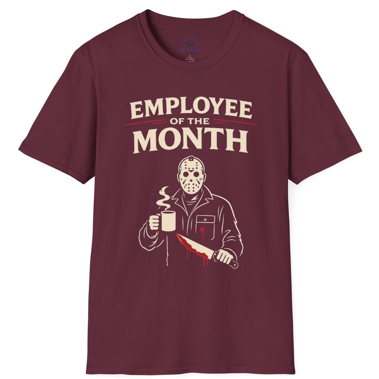 Maroon t-shirt with 'Employee of the Month' graphic on a white background