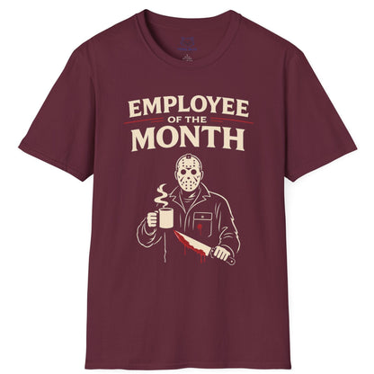 Maroon t-shirt with 'Employee of the Month' graphic on a white background