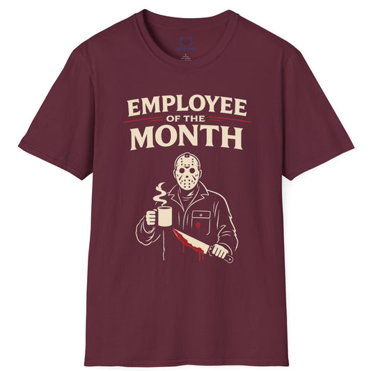 Maroon t-shirt with 'Employee of the Month' graphic on a white background