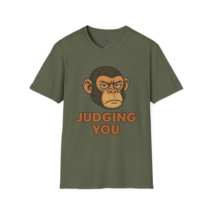 Green t-shirt with a chimp graphic and 'Judging You' text.