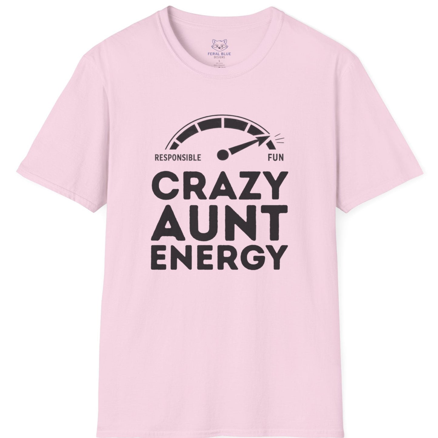 Pink t-shirt with 'Crazy Aunt Energy' text on a white background