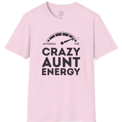 Pink t-shirt with 'Crazy Aunt Energy' text on a white background
