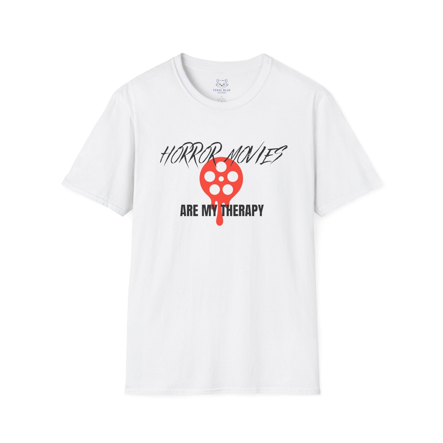 White t-shirt with 'horror movies are my therapy' black text and red, dripping film reel graphic.