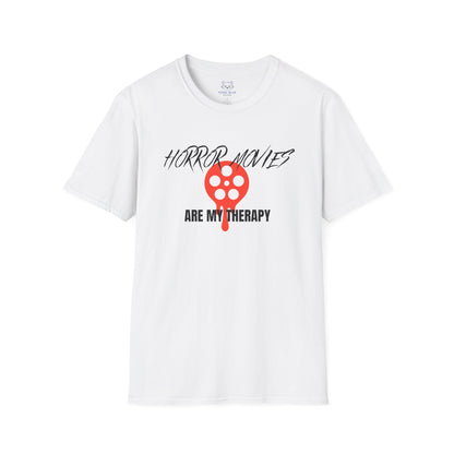 White t-shirt with 'horror movies are my therapy' black text and red, dripping film reel graphic.