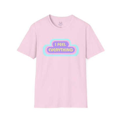 Light Pink t-shirt with 'I Feel Everything' text and pastel rings radiating from the text.