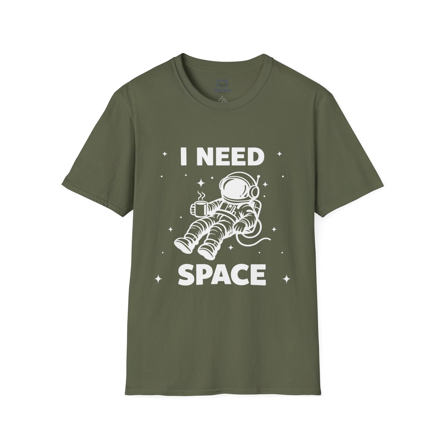Green t-shirt with 'I Need Space' white text and a white graphic of an astronaut floating in space with coffee cup.